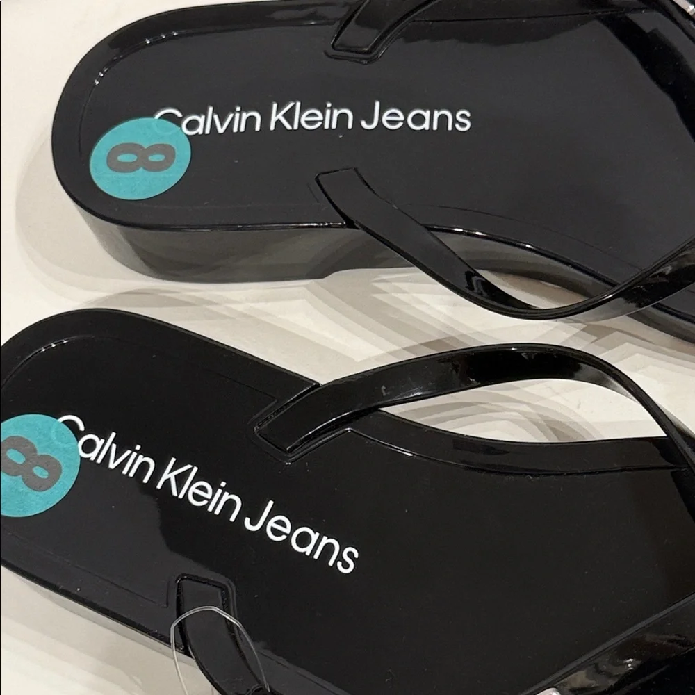 Calvin Klein Jeans Glossy Black Flip Flops thong sandals Women's NEW with tag - Picture 8 of 13